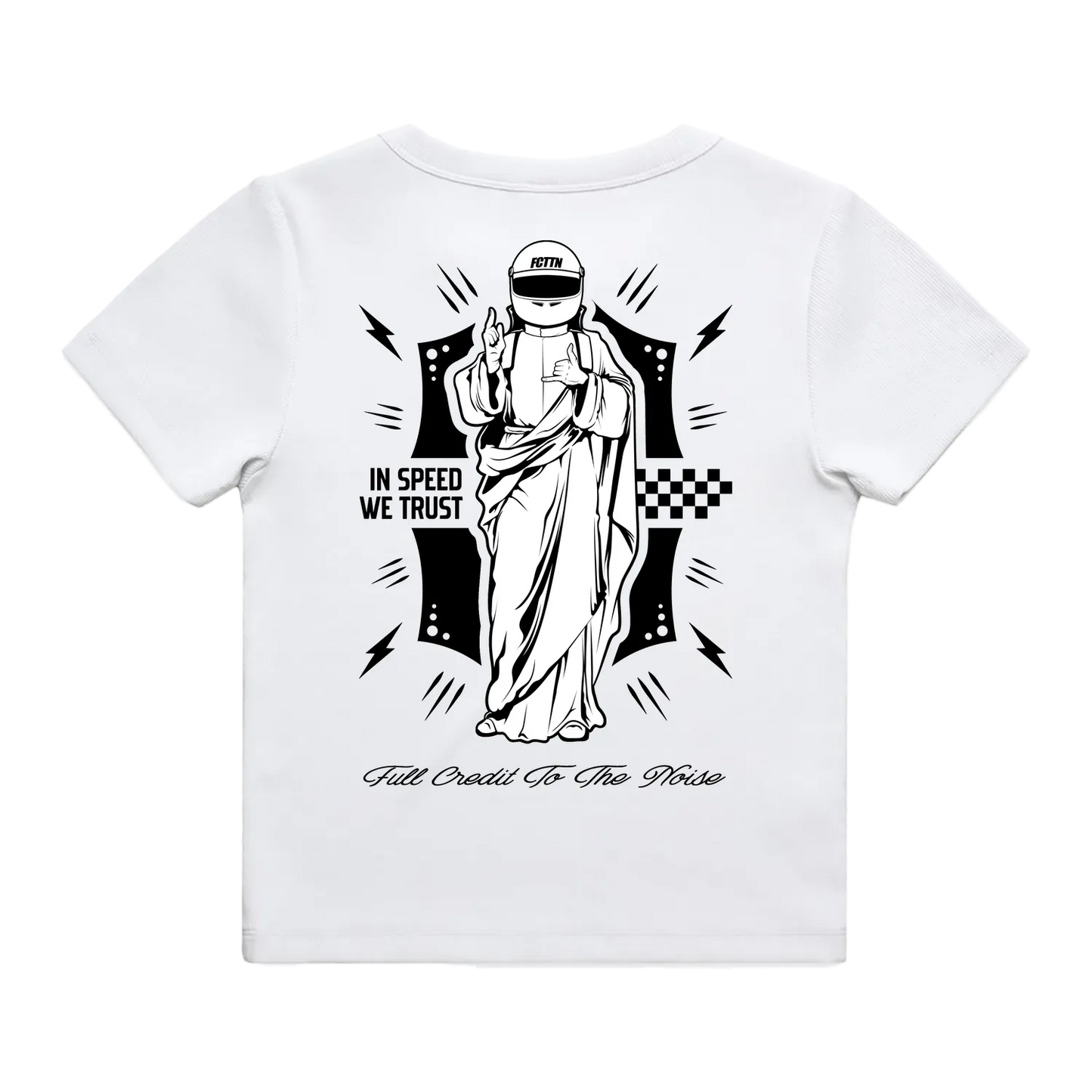 Women's Fitted Ribbed Tee - In Speed We Trust on White